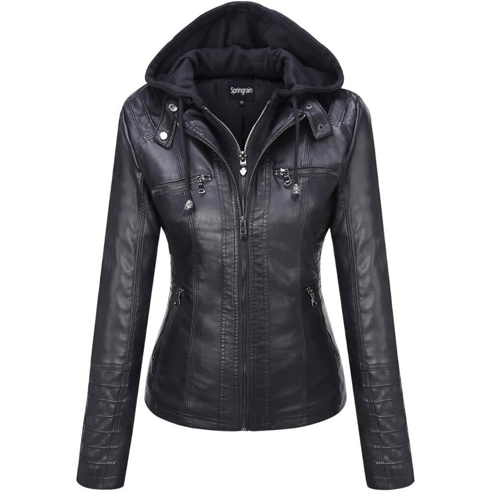 Women's Black Faux Leather Jacket Moto Biker Coat with Detachable Hood Jacket